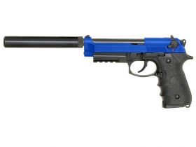 LS M9 Gas Blowback Pistol with Rail and Silencer (Blue - GGB-9606T)